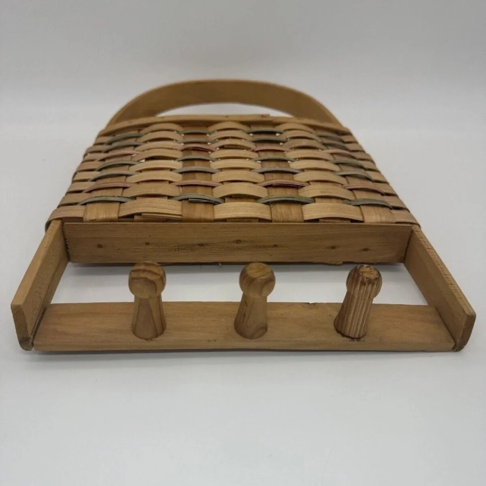 Vintage New England hand made wall hanging basket mail Color Weave Hooks Cottage